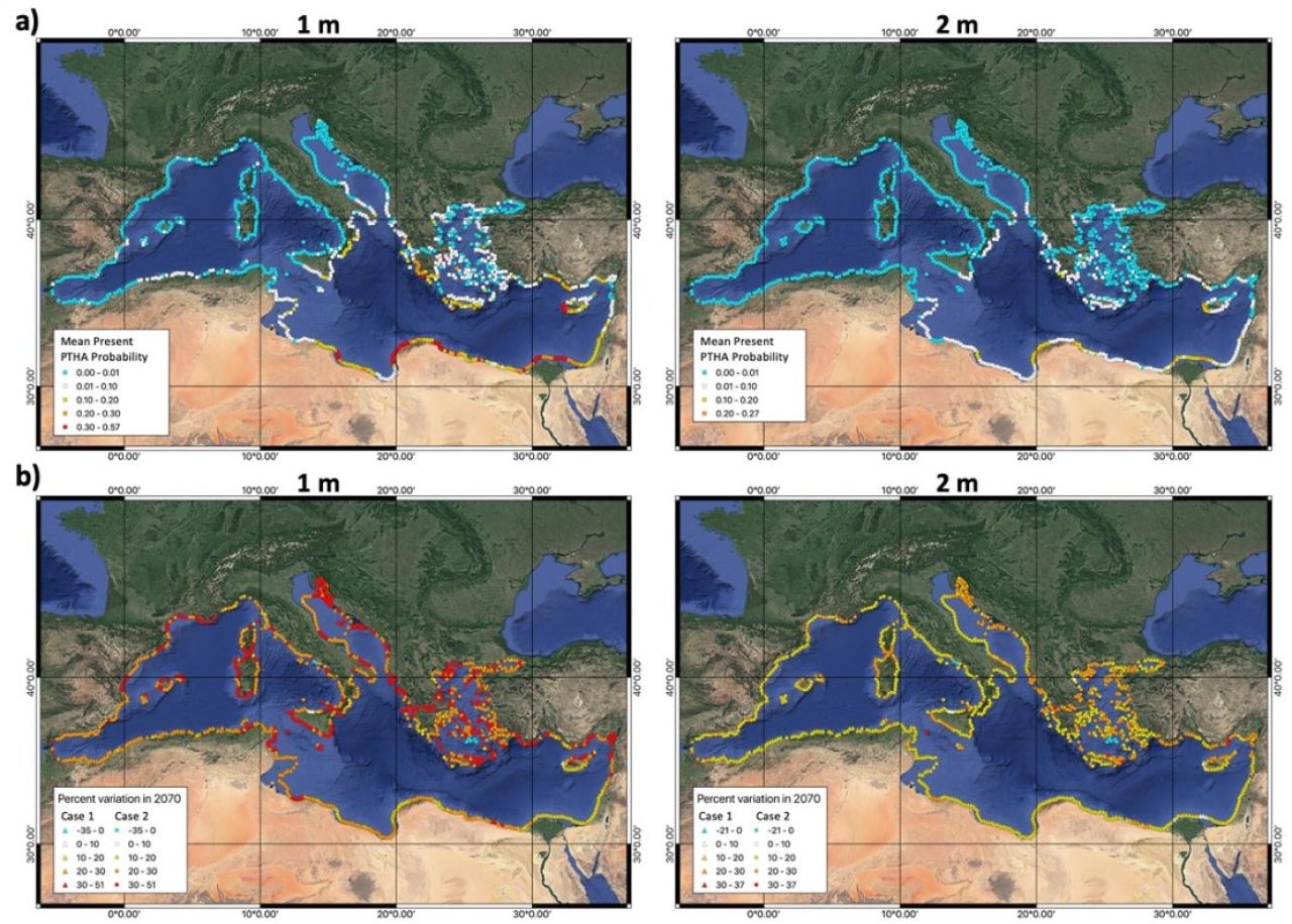 Gli tsunami sono eventi rari, ma possono essere potenzialmente pericolosi. In figura sono mostrate le mappe che indicano le probabilità di superare onde di 1 m o 2 m sulle coste attuali nei prossimi 50 anni (in alto) e gli aumenti percentuali di queste probabilità (in basso) quando si considerano le proiezioni che tengono conto dell'aumento del livello del mare previsto nei prossimi decenni.