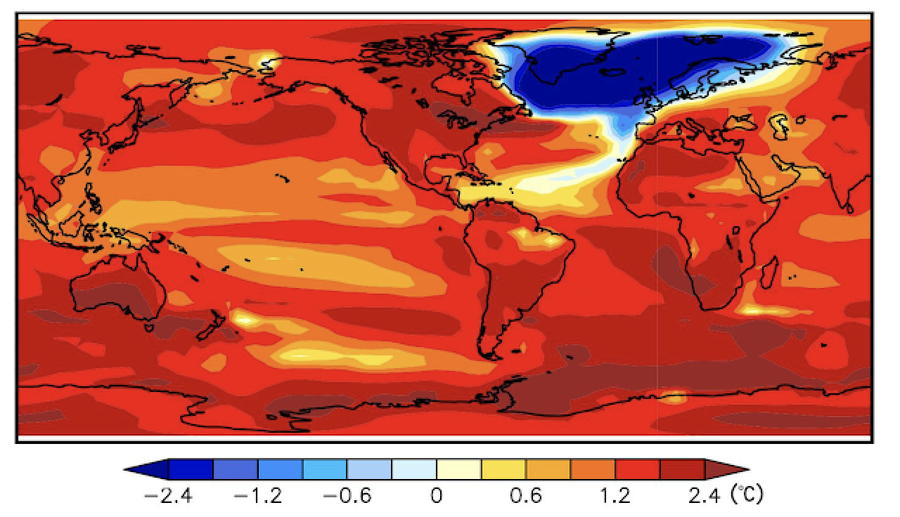 Variazione media annuale della temperatura in uno scenario ideale di raddoppio della CO2 futura in cui l'AMOC si è completamente fermata, da Luo et al (2017).