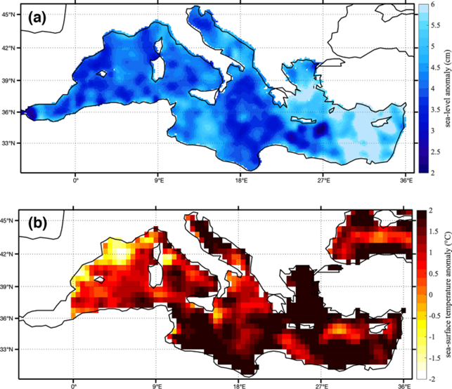 a. Anomalia del livello del mare nel Mediterraneo come media del periodo 1993-2020 b. Anomalia della temperatura della superficie del mare nel Mediterraneo come media del periodo 1993-2020